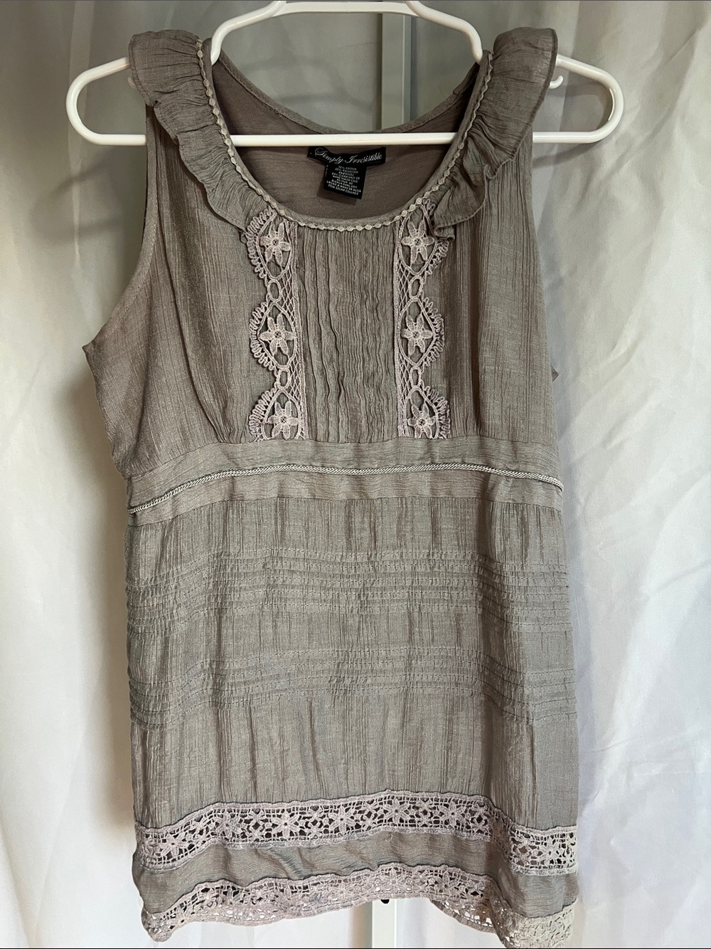 Simply Irresistible Taupe Crochet-Trim Sleeveless Tank with Side Zipper